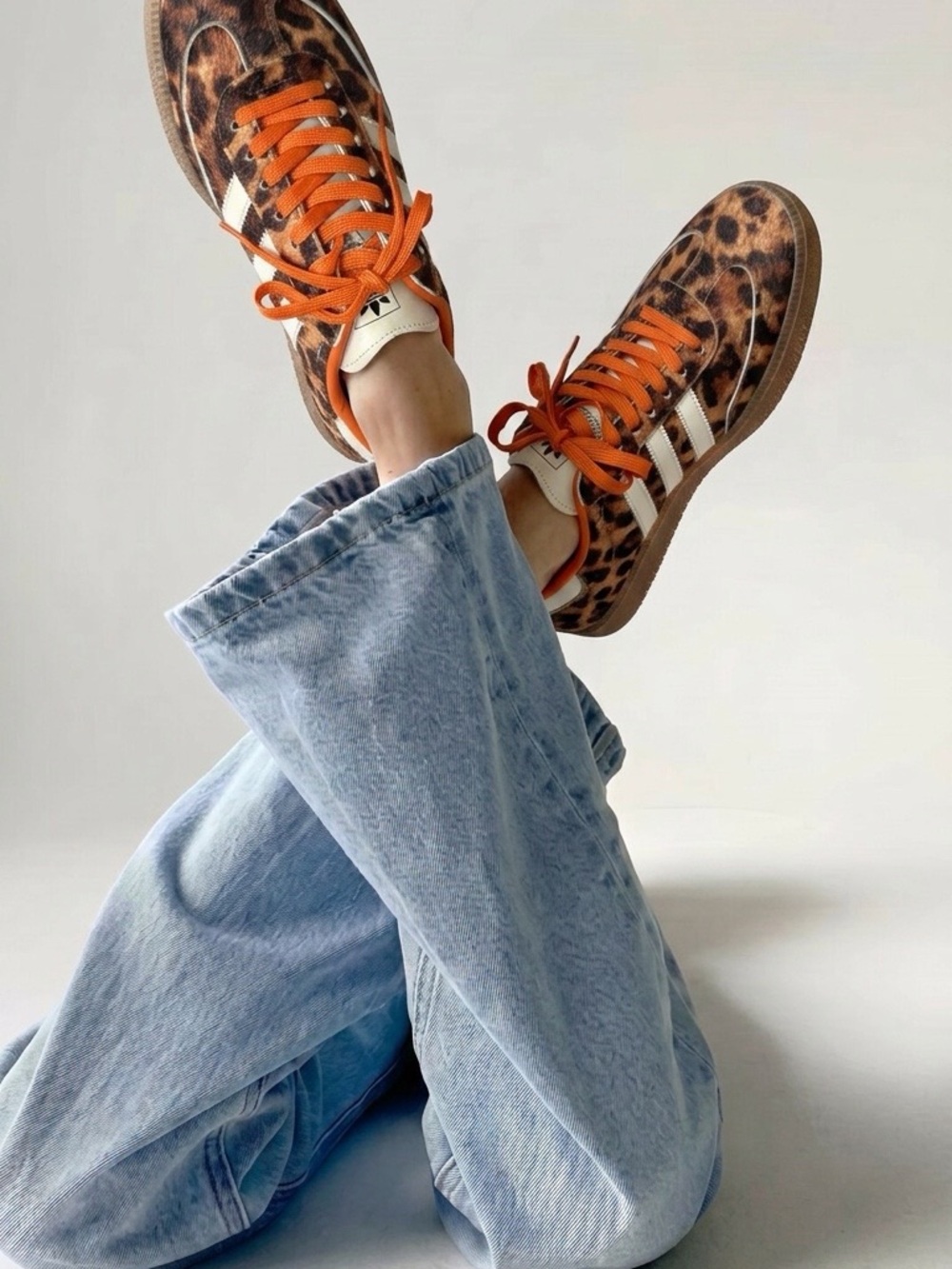 Classic Three-Stripe Leopard Sneakers with Orange Laces - Women